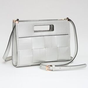 Silver Basket Weave Leather Bag Snap Clutch Purse Crossbody Casual